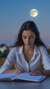A spanish woman as a student taking notes of the moon cycle with the celestial sky and the moon behind her