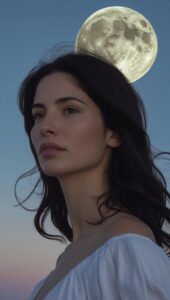 A spanish woman with dark hair with the celestial sky and moon around her