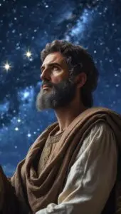 Vettius Valens the astrologer from Antioch Turkey looking up at the night sky in the background in a reflective pose reading the stars