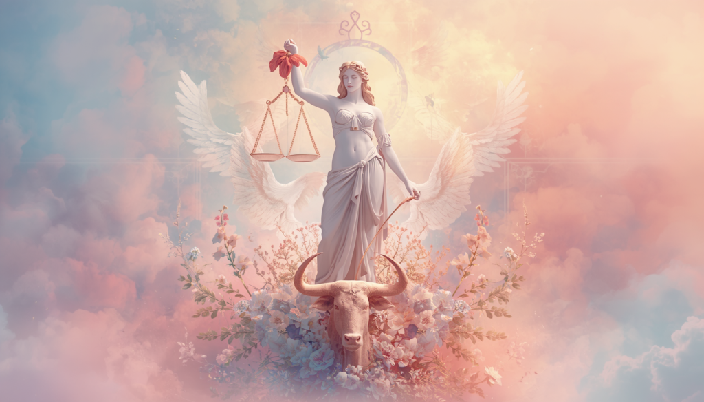 Libra Venus Taurus astrological imagery with balanced scales, Venus symbol, and Taurus bull elements in an elegant composition